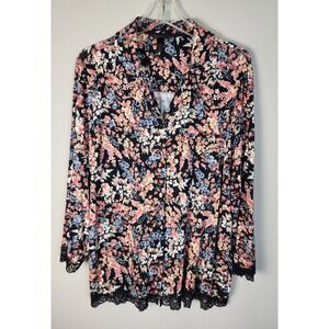 Cool Nights Floral‎ Print Long Sleeve Lace Trim Top Blouse Black Multi L